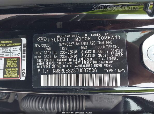 KM8RLES23TU087508 2026 HYUNDAI PALISADE Black Շարժիչի բաժամունքի տեսք