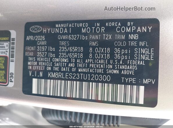 KM8RLES23TU120300 2026 HYUNDAI PALISADE Silver Engine compartment view