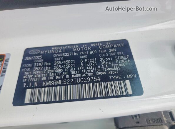 KM8RMES22TU029354 2026 HYUNDAI PALISADE White VIN կոդի պիտակի տեսք