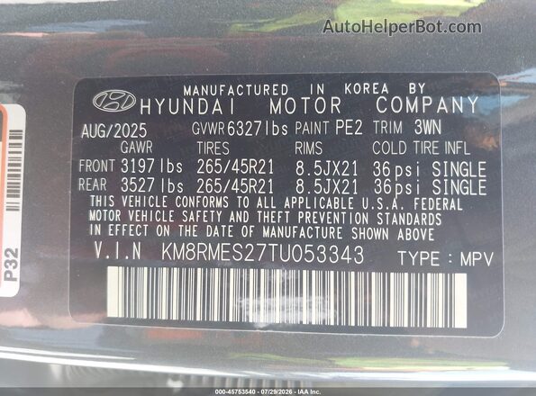 KM8RMES27TU053343 2026 HYUNDAI PALISADE Gray Widok komory silnika