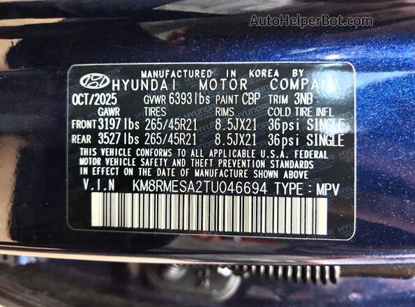 KM8RMESA2TU046694 2026 HYUNDAI PALISADE Blue VIN კოდის სტიკერის ხედი