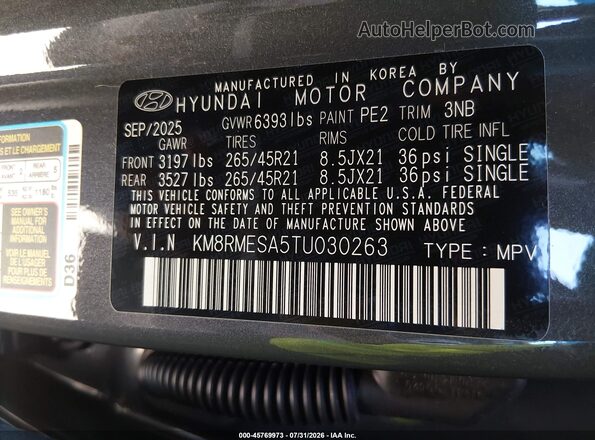 KM8RMESA5TU030263 2026 HYUNDAI PALISADE HEV Gray ძრავის განყოფილების ხედი