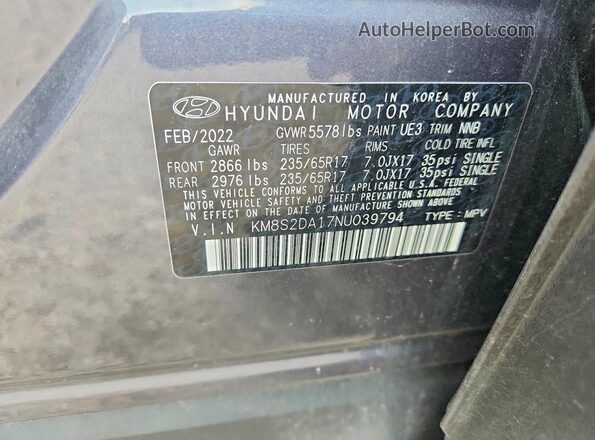 KM8S2DA17NU039794 2022 HYUNDAI SANTA Blue Vista de la etiqueta del VIN