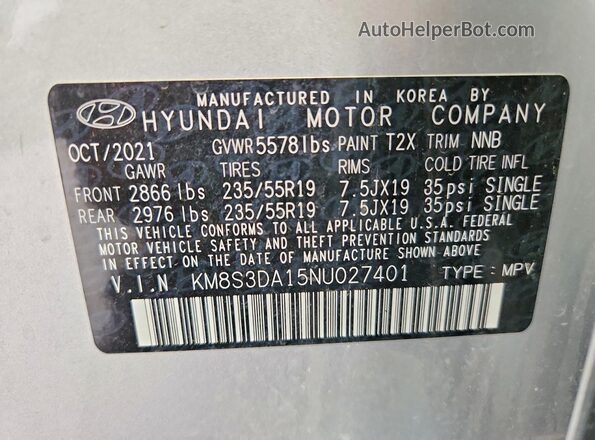 KM8S3DA15NU027401 2022 HYUNDAI SANTA Silver Vista interior de 360 grados