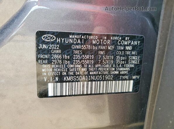 KM8S5DA11NU051902 2022 HYUNDAI SANTA Серый Вид наклейки с VIN-кодом