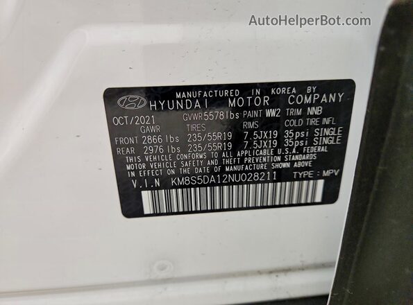 KM8S5DA12NU028211 2022 HYUNDAI SANTA White VIN կոդի պիտակի տեսք