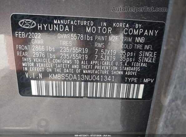 KM8S5DA13NU041341 2022 HYUNDAI SANTA FE HYBRID Gray Vista del compartimento del motor