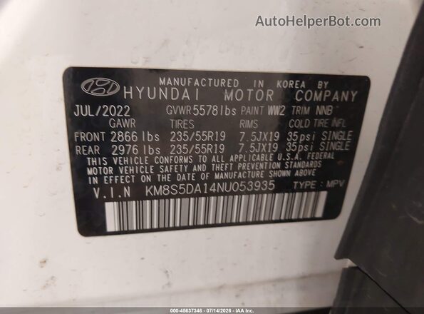KM8S5DA14NU053935 2022 HYUNDAI SANTA FE HYBRID Белый Вид подкапотного пространства