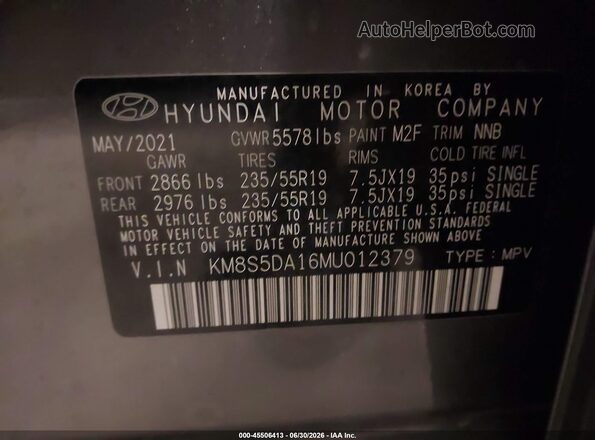 KM8S5DA16MU012379 2021 HYUNDAI SANTA FE HYBRID Gray Вид підкапотного простору