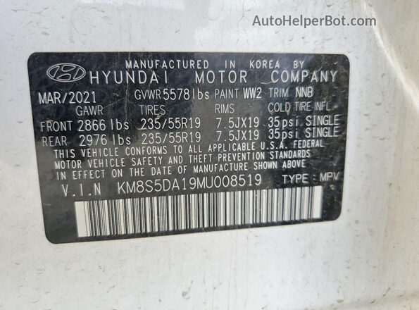 KM8S5DA19MU008519 2021 HYUNDAI SANTA Белый Вид наклейки с VIN-кодом