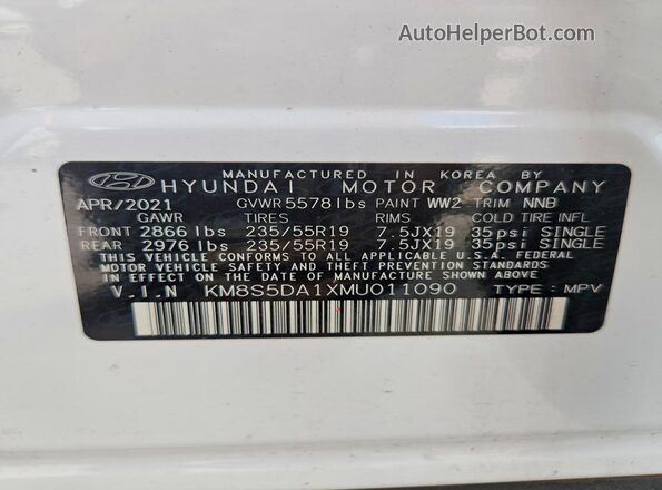 KM8S5DA1XMU011090 2021 HYUNDAI SANTA White Vista de la etiqueta del VIN