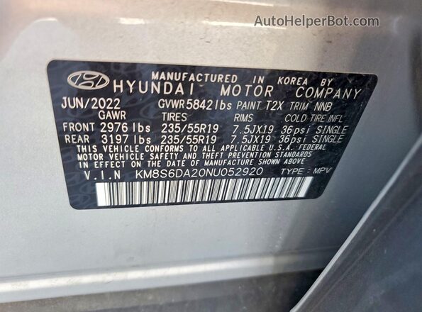 KM8S6DA20NU052920 2022 HYUNDAI SANTA Silver Widok wnętrza 360 stopni