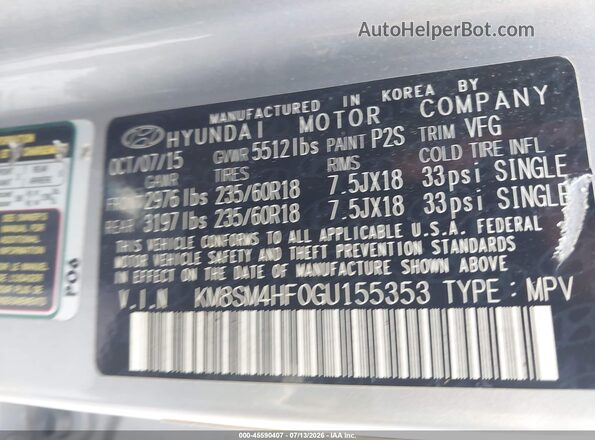 KM8SM4HF0GU155353 2016 HYUNDAI SANTA FE Silver ძრავის განყოფილების ხედი