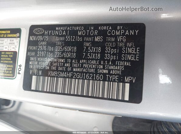 KM8SM4HF2GU162160 2016 HYUNDAI SANTA FE Silver Շարժիչի բաժամունքի տեսք