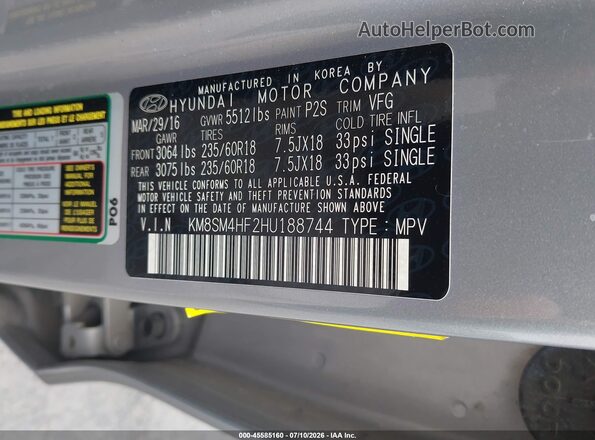 KM8SM4HF2HU188744 2017 HYUNDAI SANTA FE Серебряный Вид подкапотного пространства