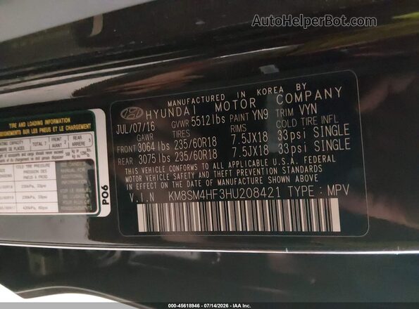 KM8SM4HF3HU208421 2017 HYUNDAI SANTA FE Black ძრავის განყოფილების ხედი