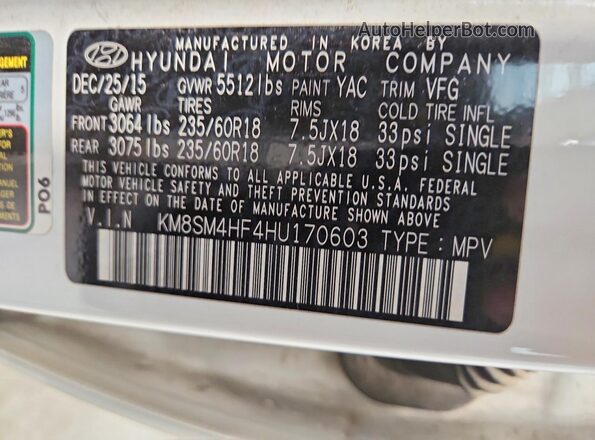 KM8SM4HF4HU170603 2017 HYUNDAI SANTA White Շարժիչի բաժամունքի տեսք