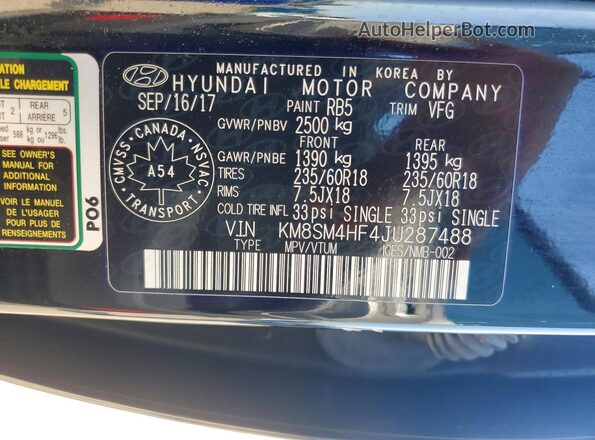 KM8SM4HF4JU287488 2018 HYUNDAI SANTA Black VIN sticker view