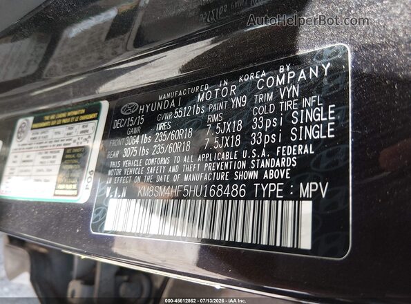 KM8SM4HF5HU168486 2017 HYUNDAI SANTA FE Black ძრავის განყოფილების ხედი