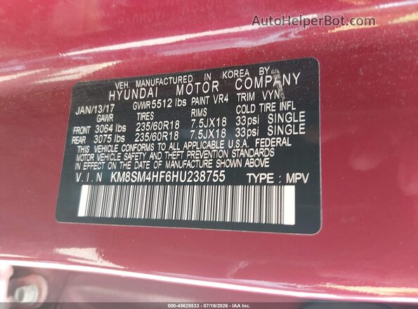 KM8SM4HF6HU238755 2017 HYUNDAI SANTA FE Red Widok komory silnika