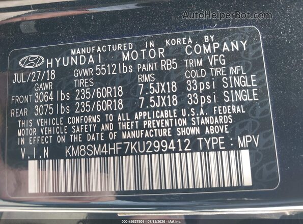 KM8SM4HF7KU299412 2019 HYUNDAI SANTA FE XL Black Շարժիչի բաժամունքի տեսք