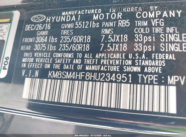 KM8SM4HF8HU234951 2017 HYUNDAI SANTA FE Черный Вид подкапотного пространства