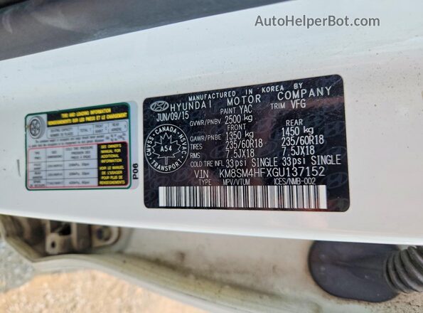 KM8SM4HFXGU137152 2016 HYUNDAI SANTA White Vista de la etiqueta del VIN