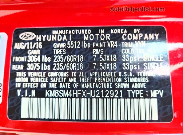 KM8SM4HFXHU212921 2017 HYUNDAI SANTA Red VIN կոդի պիտակի տեսք