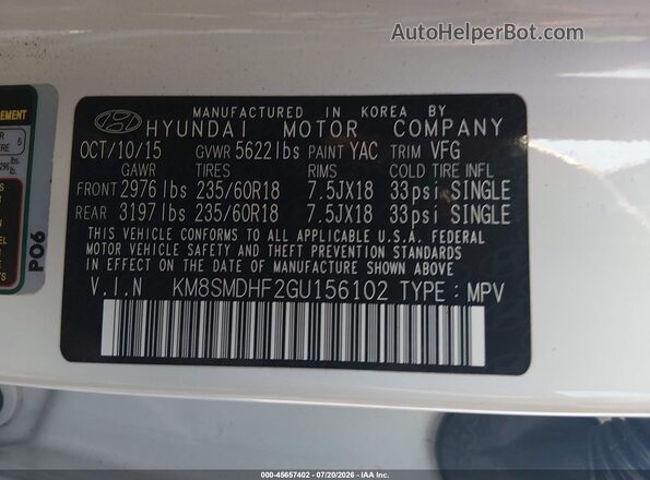 KM8SMDHF2GU156102 2016 HYUNDAI SANTA FE White Vista del compartimento del motor
