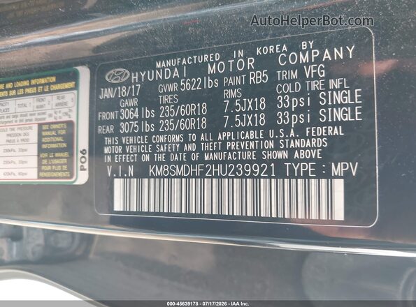 KM8SMDHF2HU239921 2017 HYUNDAI SANTA FE Black Widok komory silnika