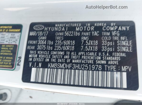 KM8SMDHF3HU251978 2017 HYUNDAI SANTA FE Белый Вид подкапотного пространства