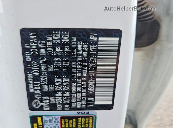 KM8SMDHF4HU228239 2017 HYUNDAI SANTA White VIN კოდის სტიკერის ხედი