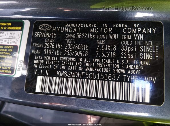 KM8SMDHF5GU151637 2016 HYUNDAI SANTA FE Blue ძრავის განყოფილების ხედი