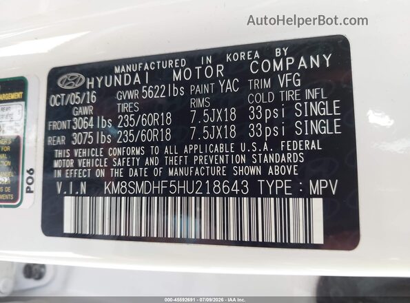 KM8SMDHF5HU218643 2017 HYUNDAI SANTA FE White Շարժիչի բաժամունքի տեսք