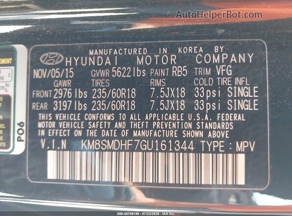 KM8SMDHF7GU161344 2016 HYUNDAI SANTA FE Black Շարժիչի բաժամունքի տեսք