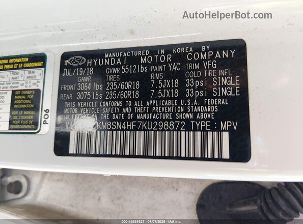 KM8SN4HF7KU298872 2019 HYUNDAI SANTA FE XL White Շարժիչի բաժամունքի տեսք