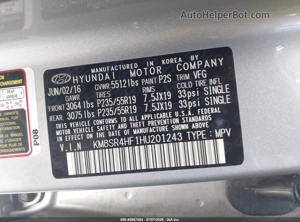 KM8SR4HF1HU201243 2017 HYUNDAI SANTA FE Silver Շարժիչի բաժամունքի տեսք