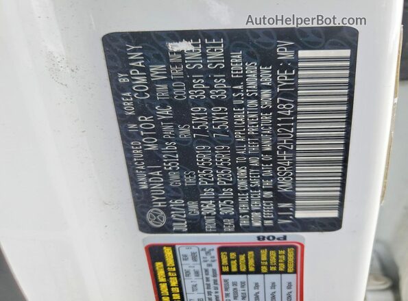 KM8SR4HF2HU211487 2017 HYUNDAI SANTA White VIN կոդի պիտակի տեսք