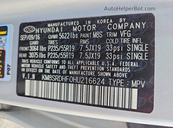 KM8SRDHF0HU216624 2017 HYUNDAI SANTA Серебряный Вид наклейки с VIN-кодом