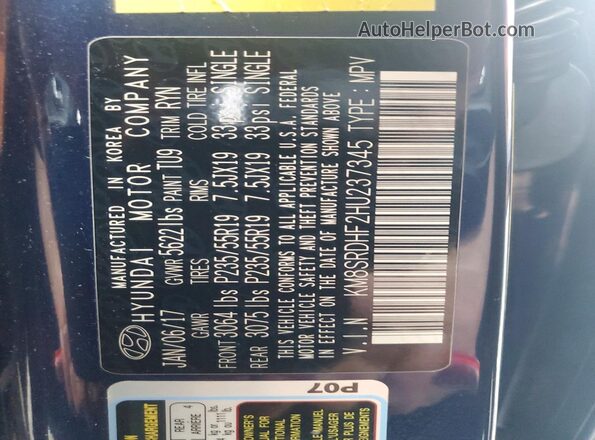 KM8SRDHF2HU237345 2017 HYUNDAI SANTA Blue Vista interior de 360 grados
