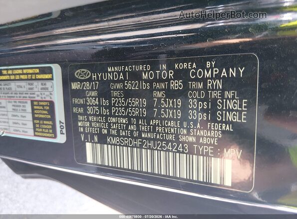 KM8SRDHF2HU254243 2017 HYUNDAI SANTA FE Black Շարժիչի բաժամունքի տեսք