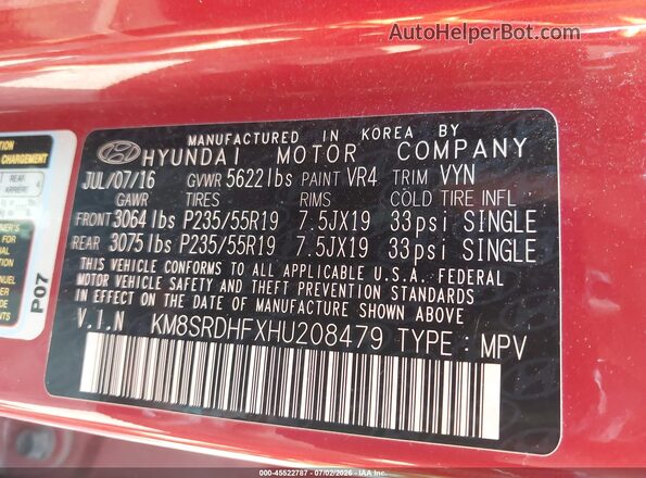 KM8SRDHFXHU208479 2017 HYUNDAI SANTA FE Red Engine compartment view
