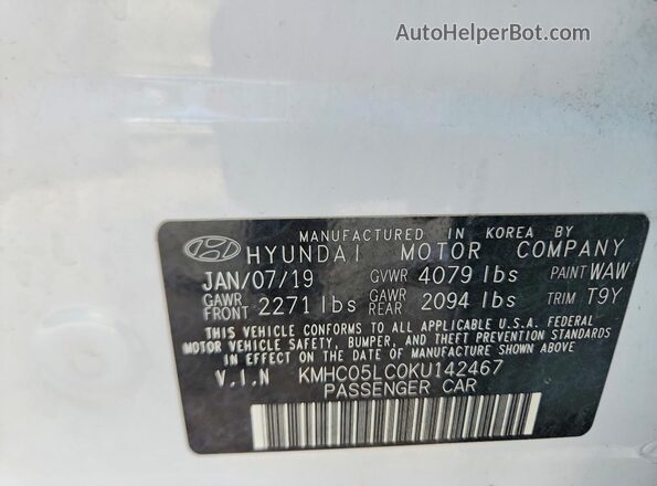 KMHC05LC0KU142467 2019 HYUNDAI IONIQ White Вид наклейки з VIN-кодом