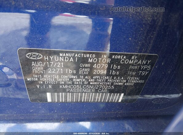 KMHC05LC5NU270255 2022 HYUNDAI IONIQ HYBRID Dark Blue Շարժիչի բաժամունքի տեսք