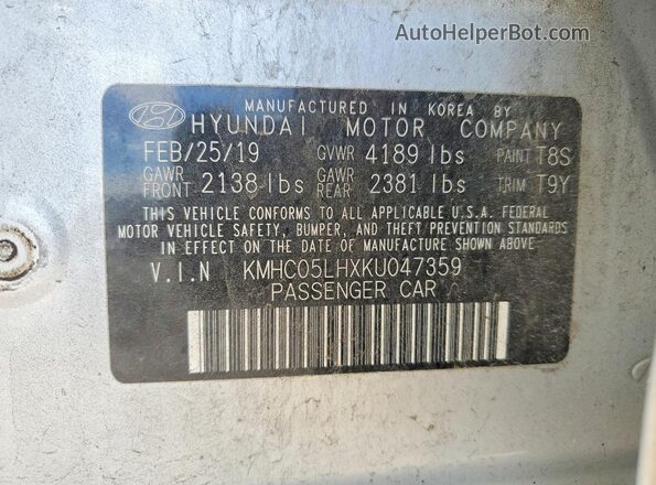 KMHC05LHXKU047359 2019 HYUNDAI IONIQ Silver Вид підкапотного простору
