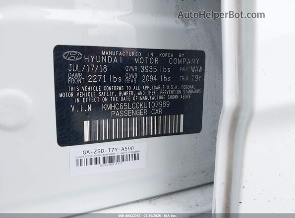 KMHC65LC0KU107989 2019 HYUNDAI IONIQ HYBRID White Engine compartment view
