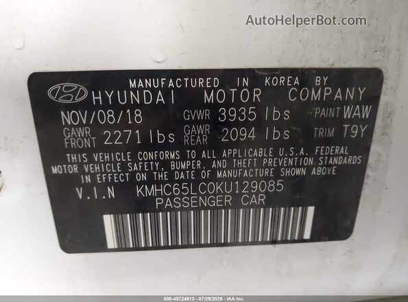 KMHC65LC0KU129085 2019 HYUNDAI IONIQ HYBRID White Շարժիչի բաժամունքի տեսք
