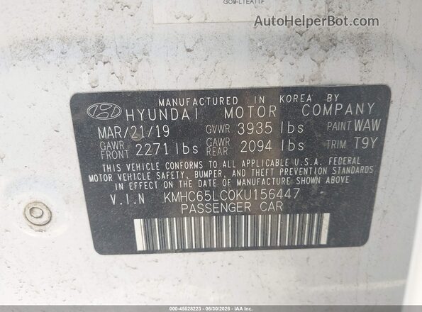 KMHC65LC0KU156447 2019 HYUNDAI IONIQ HYBRID White ძრავის განყოფილების ხედი