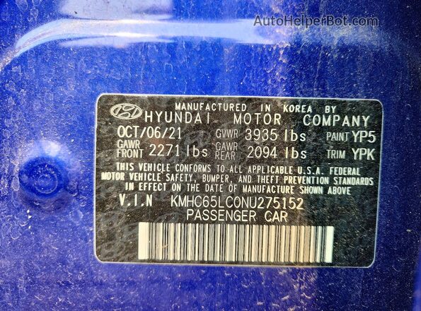 KMHC65LC0NU275152 2022 HYUNDAI IONIQ Blue Vista del compartimento del motor