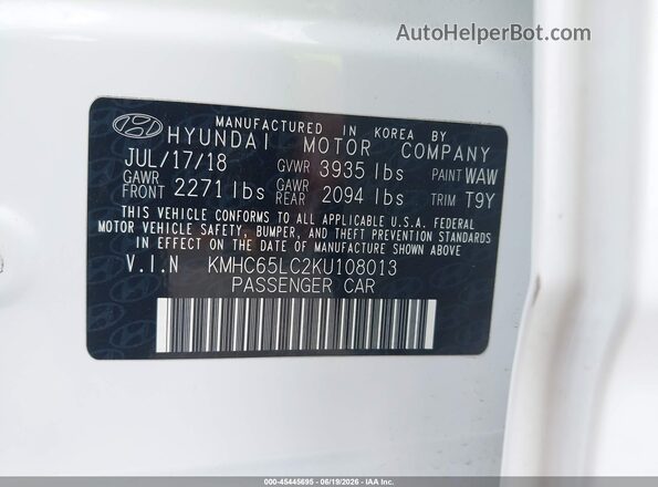 KMHC65LC2KU108013 2019 HYUNDAI IONIQ HYBRID White Widok komory silnika